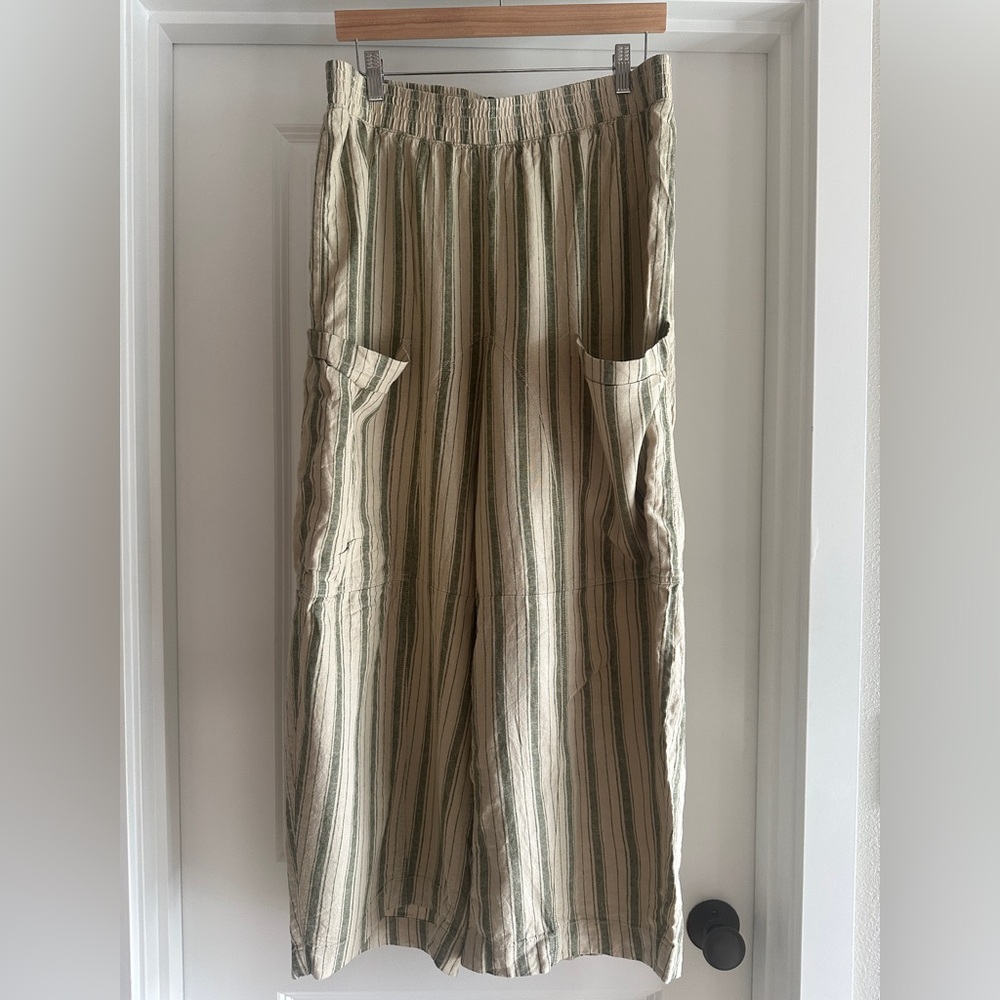 Urban Outfitters Striped Beige & Green Wide-Leg Linen Pants large